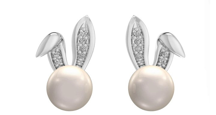 6.0mm Pearl and Diamond Bunny Earrings in Sterling Silver