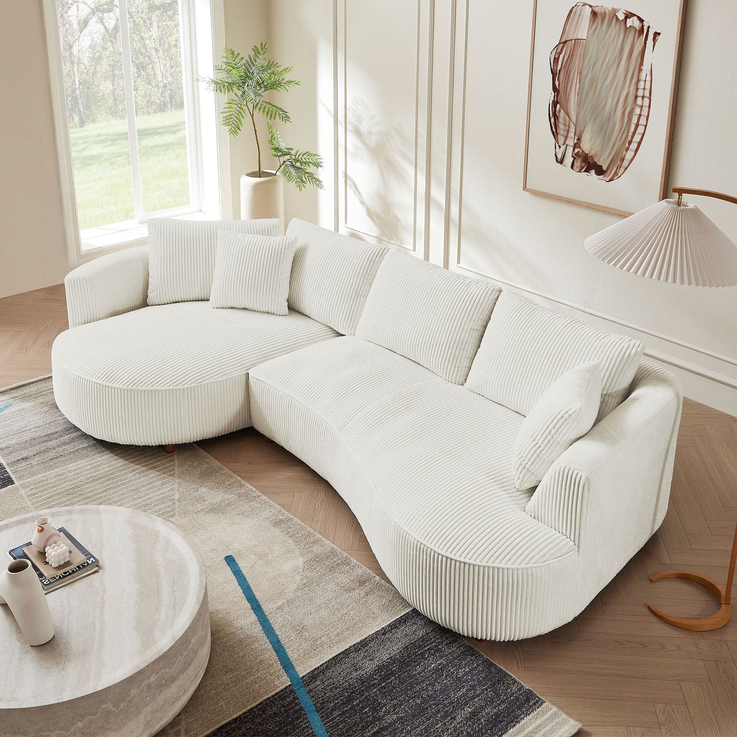 Off- White Sectional Sofa with Left Facing Chaise in White Corduroy