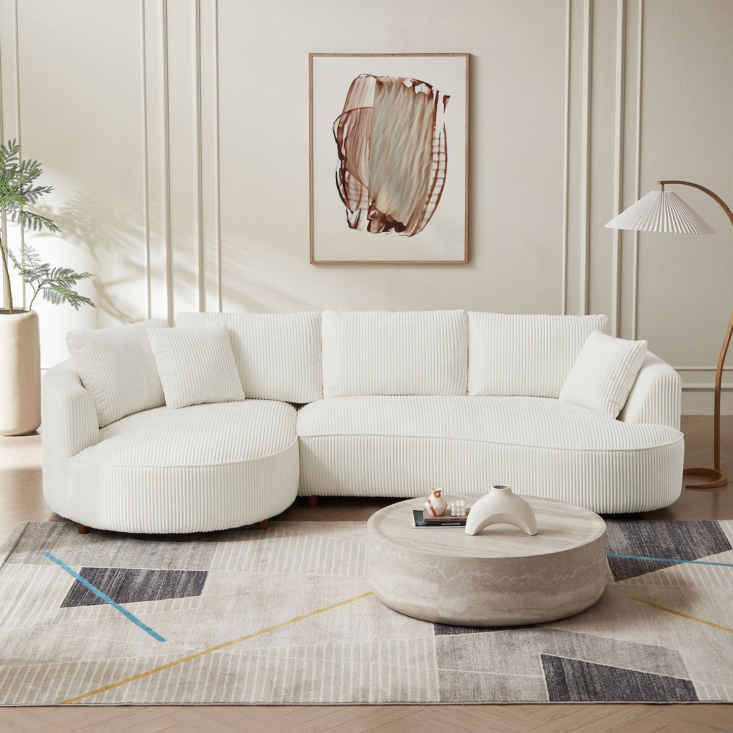 Off- White Sectional Sofa with Left Facing Chaise in White Corduroy