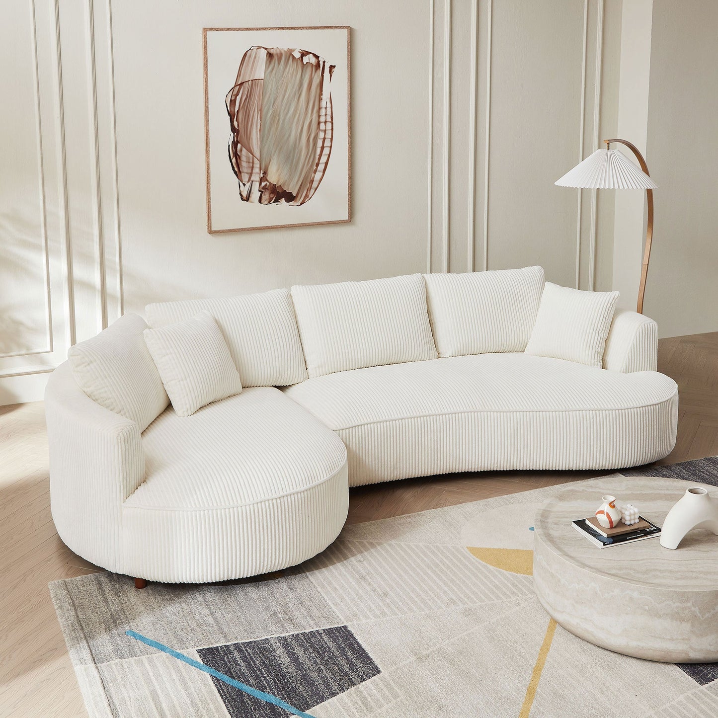 Off- White Sectional Sofa with Left Facing Chaise in White Corduroy